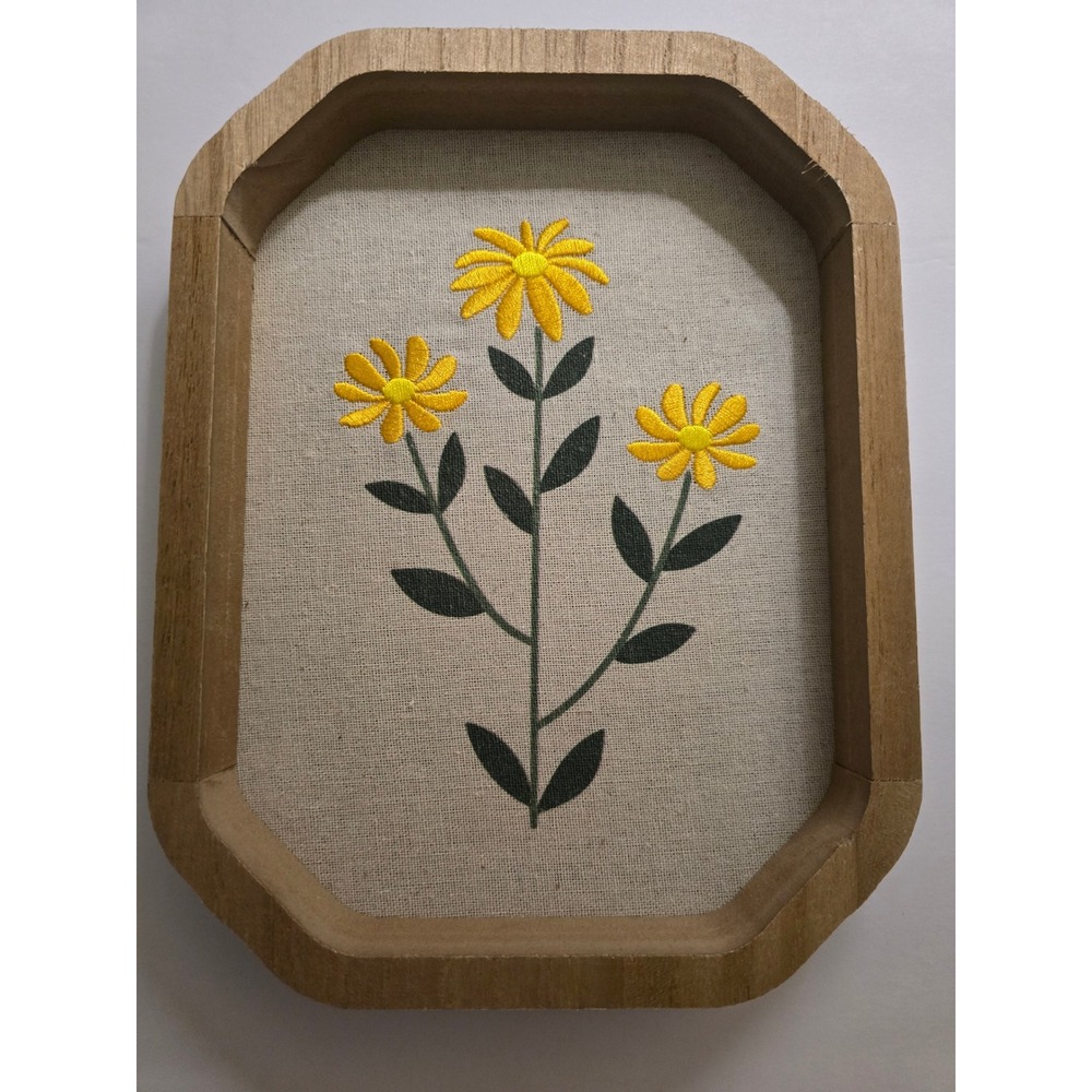 Yellow Floral Embroidered Wood Shadow Box Shelf Art Daisy Cottagecore Decor NWOT